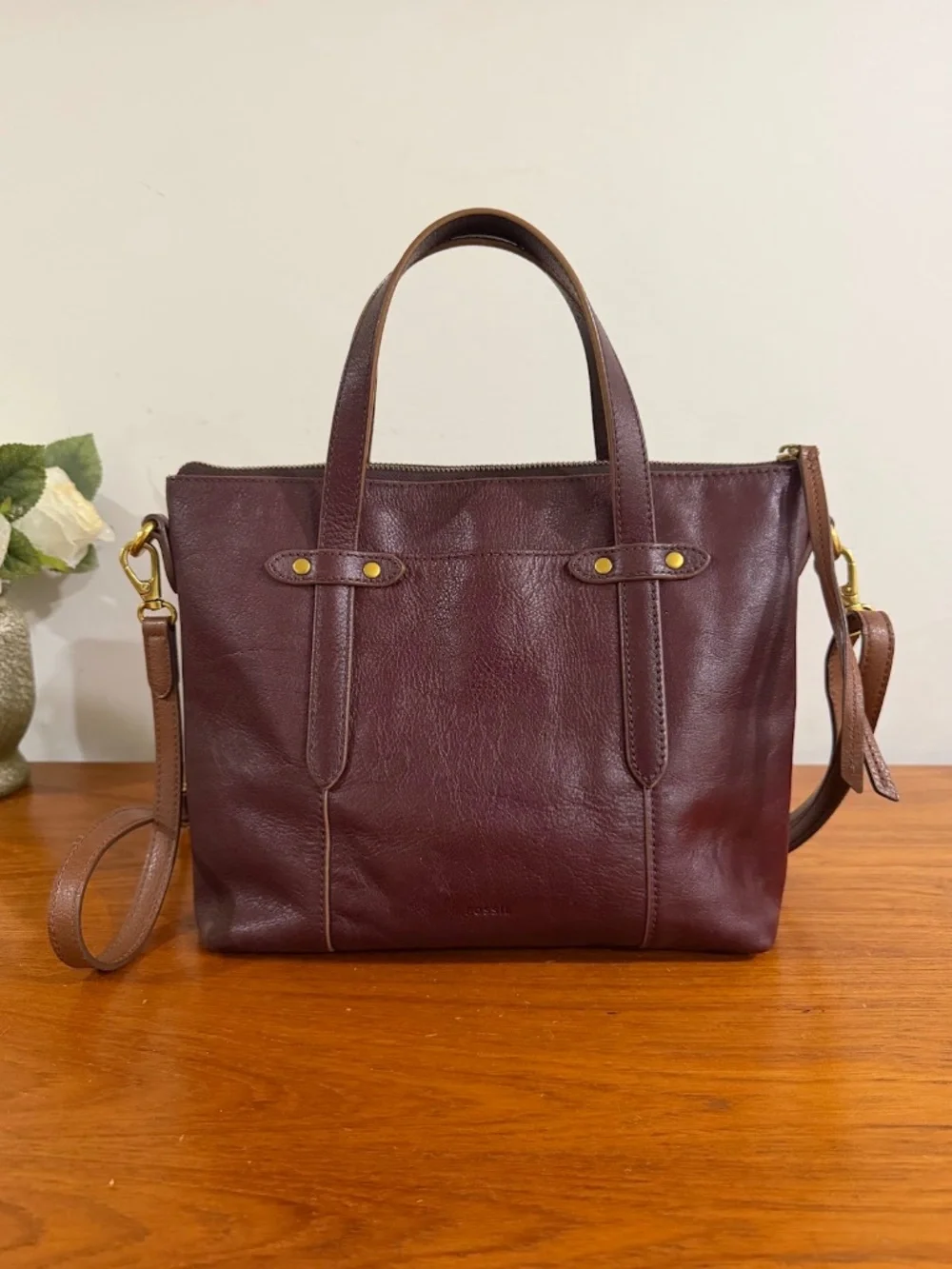 Fossil Felicity Bordeaux Leather Satchel Tote Bag Purse
